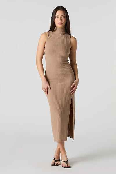 Ribbed Knit Mock Neck Midi Dress