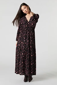 Robe maxi fluide à manche longue et col en V