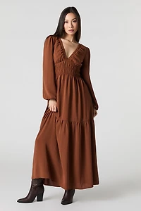 Robe maxi fluide à manche longue et col en V