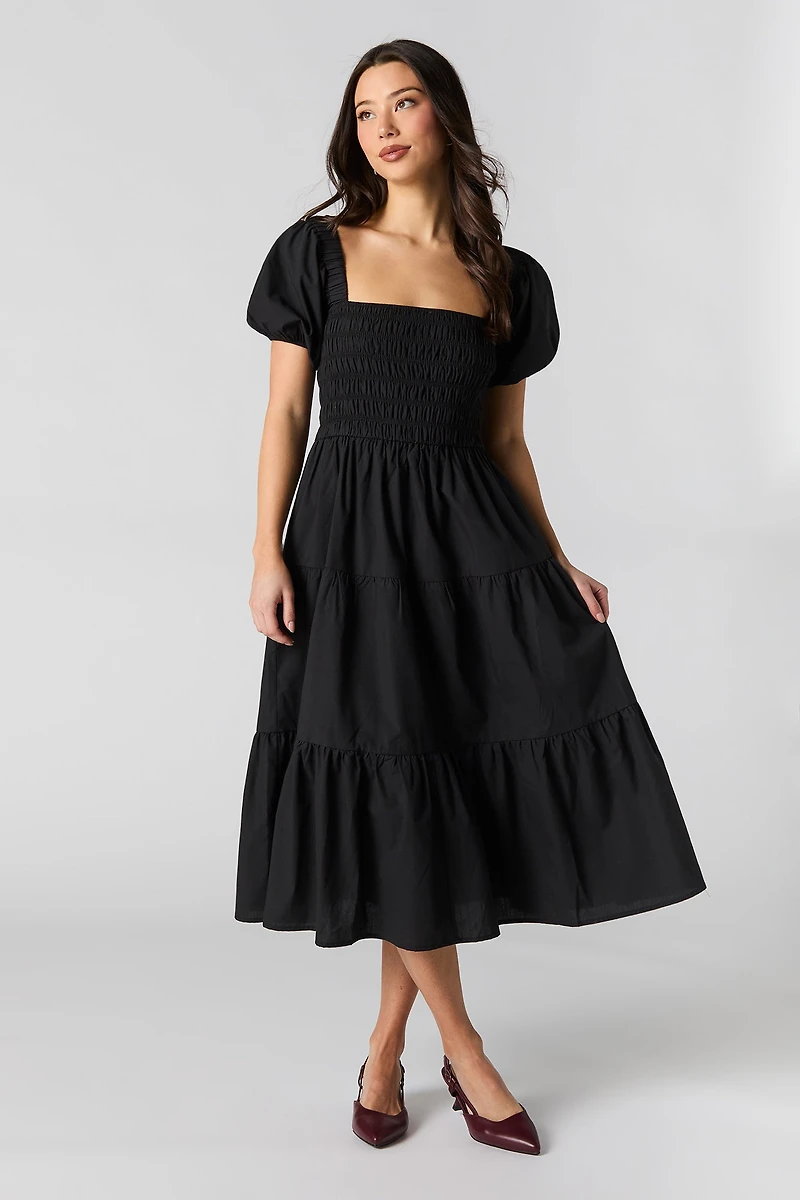 Smocked Puff Sleeve Tiered Midi Dress