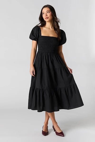 Smocked Puff Sleeve Tiered Midi Dress