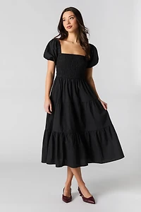 Smocked Puff Sleeve Tiered Midi Dress