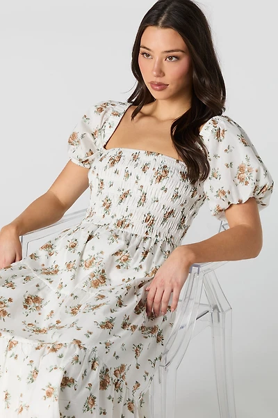 Robe midi plissée étagée à manche bouffante