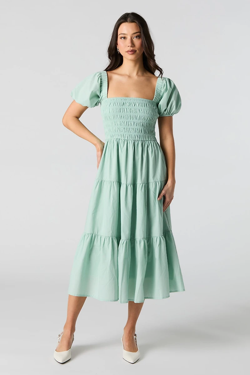 Smocked Puff Sleeve Tiered Midi Dress