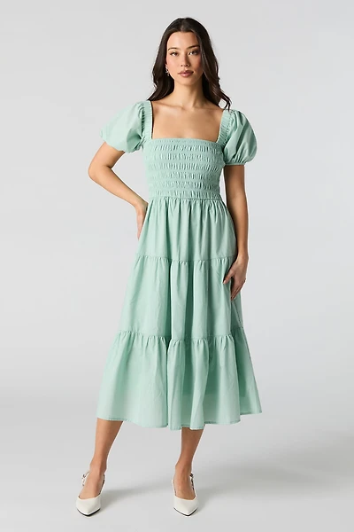 Smocked Puff Sleeve Tiered Midi Dress