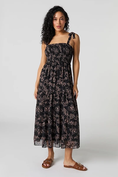 Robe midi volantée en chiffon avec attaches
