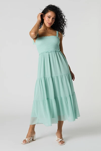 Chiffon Tie Strap Tiered Midi Dress