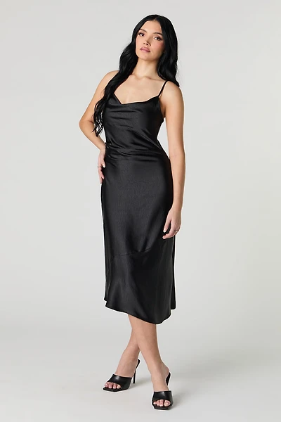 Satin Cowl Neck Midi Slip Dress