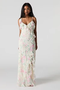 Robe maxi volantée en chiffon fleuri avec fente