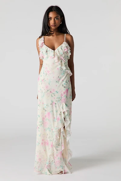 Robe maxi volantée en chiffon fleuri avec fente