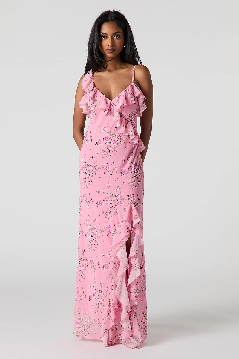 Floral Chiffon Ruffled Slit Maxi Dress