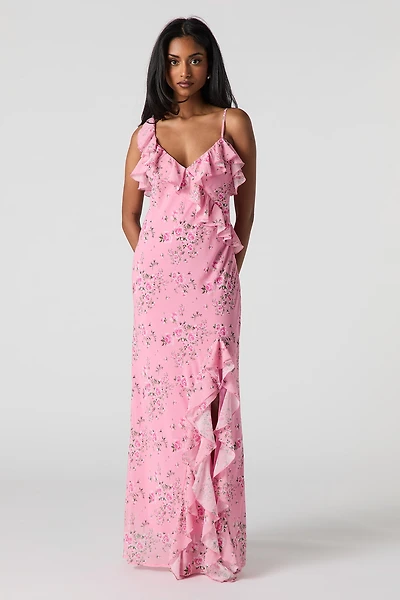 Floral Chiffon Ruffled Slit Maxi Dress