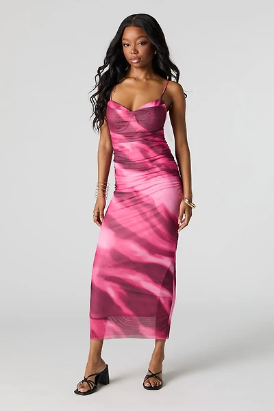 Mesh Ruched Bustier Midi Dress