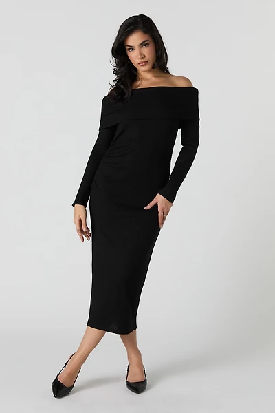 Ribbed Off Shoulder Maxi Sweater Dress