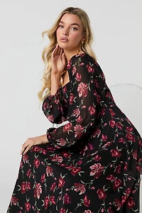 Robe trapèze midi en chiffon à manches longues