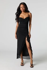 Robe maxi volantée en filet avec fente et col châle