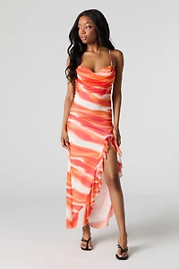 Robe maxi volantée en filet avec fente et col châle