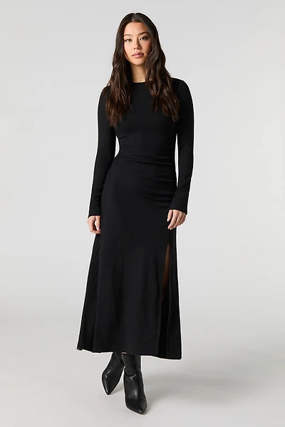 Ribbed Knit Asymmetrical Long Sleeve Midi Dress