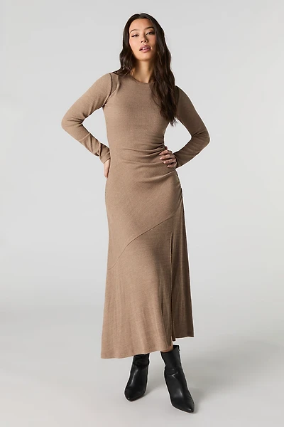 Ribbed Knit Asymmetrical Long Sleeve Midi Dress