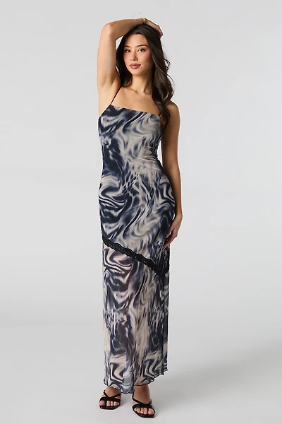 Printed Mesh Maxi Dress