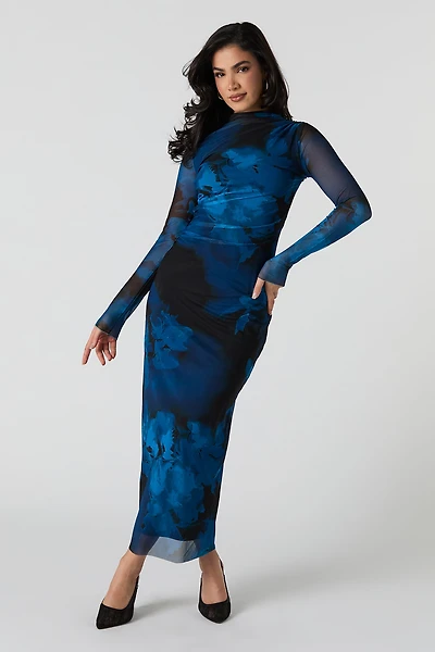 Mesh Overlay Printed Midi Dress
