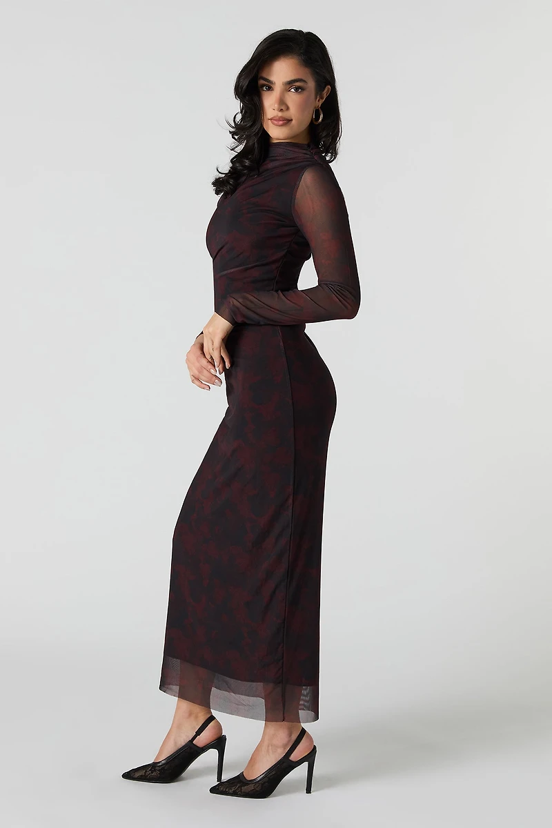 Mesh Overlay Printed Midi Dress