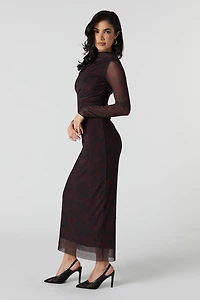 Mesh Overlay Printed Midi Dress