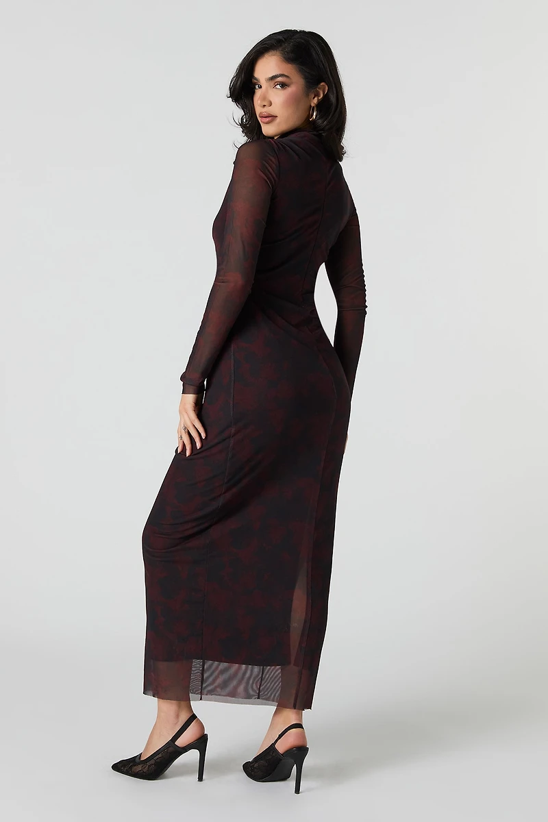 Mesh Overlay Printed Midi Dress