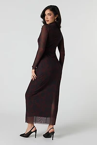 Mesh Overlay Printed Midi Dress