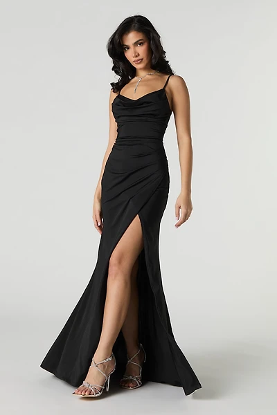 Cowl Neck Lace-Up Back Maxi Wrap Dress