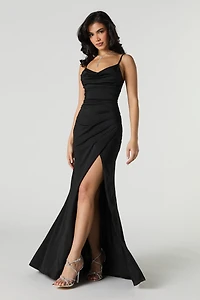 Cowl Neck Lace-Up Back Maxi Wrap Dress