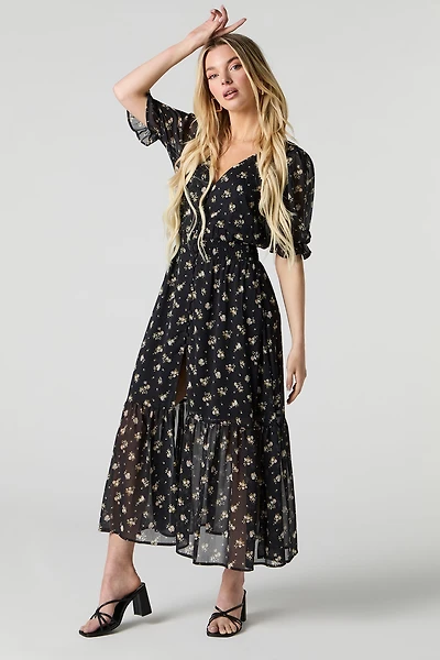 Chiffon Puff Sleeve Button Front Midi Dress