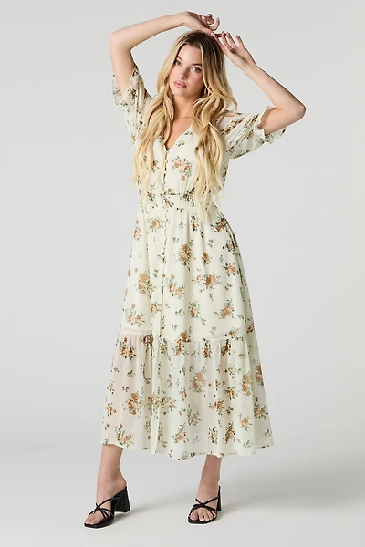 Robe midi en mousseline boutonnée à l'avant avec manche bouffante