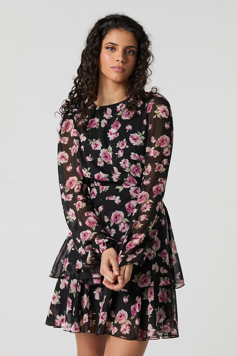 Printed Chiffon Ruffle Long Sleeve Mini Dress