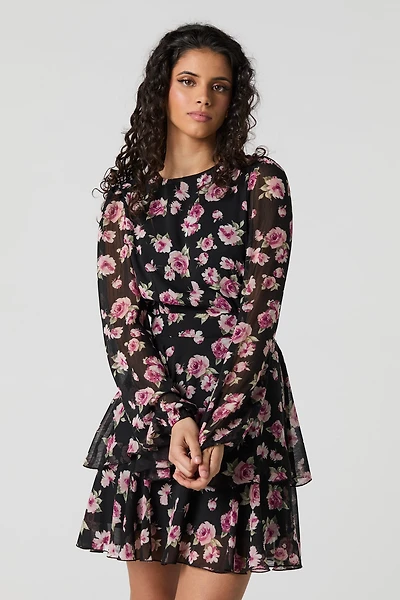 Printed Chiffon Ruffle Long Sleeve Mini Dress
