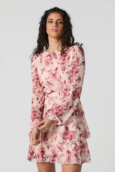 Printed Chiffon Ruffle Long Sleeve Mini Dress