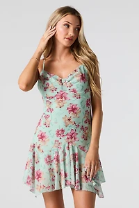 Floral Chiffon Asymmetrical Mini Dress
