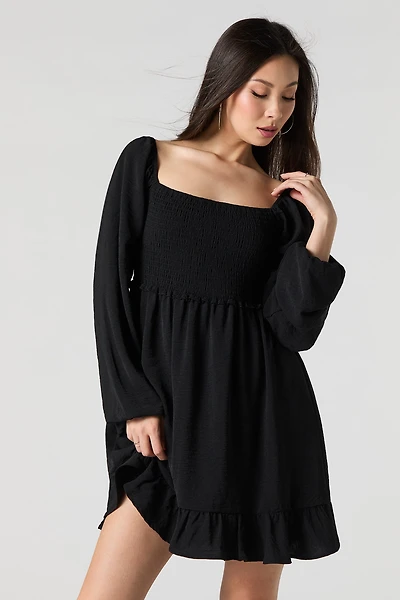 Smocked Square Neck Long Sleeve Mini Dress