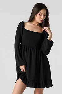 Smocked Square Neck Long Sleeve Mini Dress