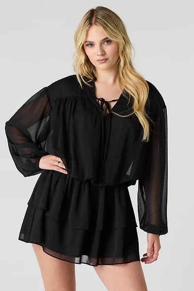 Chiffon Tiered Long Sleeve Mini Dress