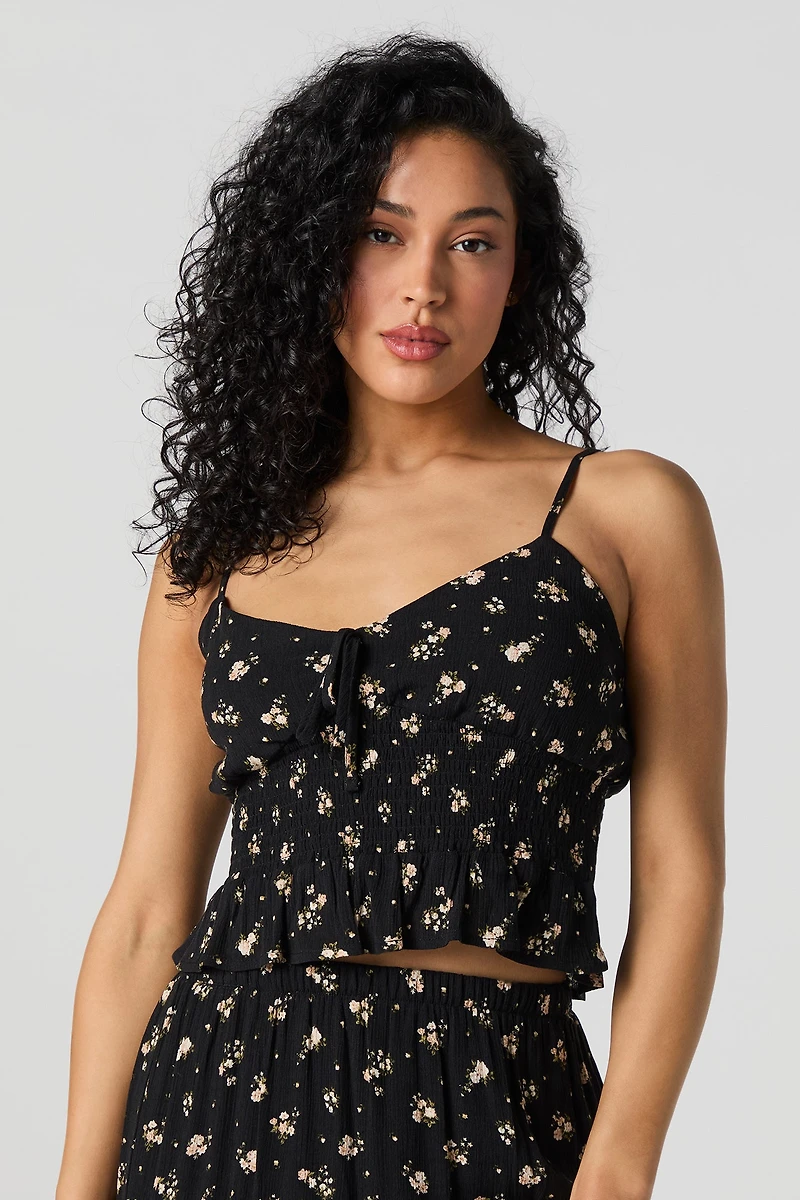 Camisole courte smockée fleurie