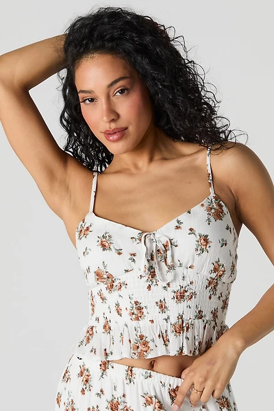 Camisole courte smockée fleurie