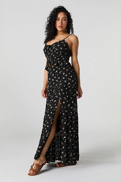 Floral Tiered Slit Maxi Skirt