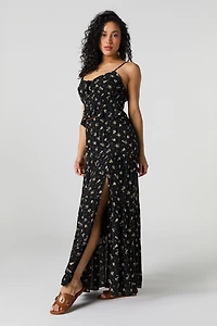 Floral Tiered Slit Maxi Skirt