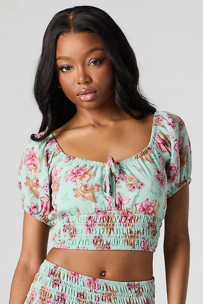 Floral Puff Sleeve Crop Top