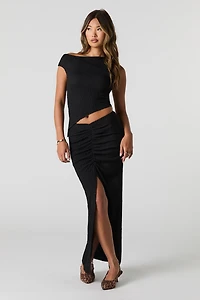 Textured Ruched Slit Maxi Skirt