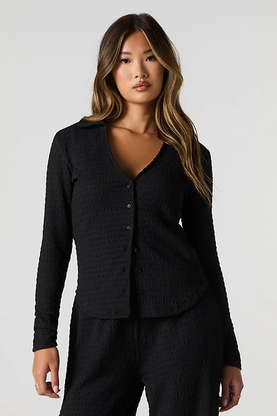 Textured Long Sleeve Button-Up Top