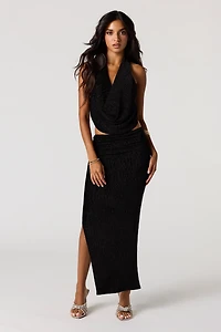 Textured Velvet Ruched Slit Midi Skirt