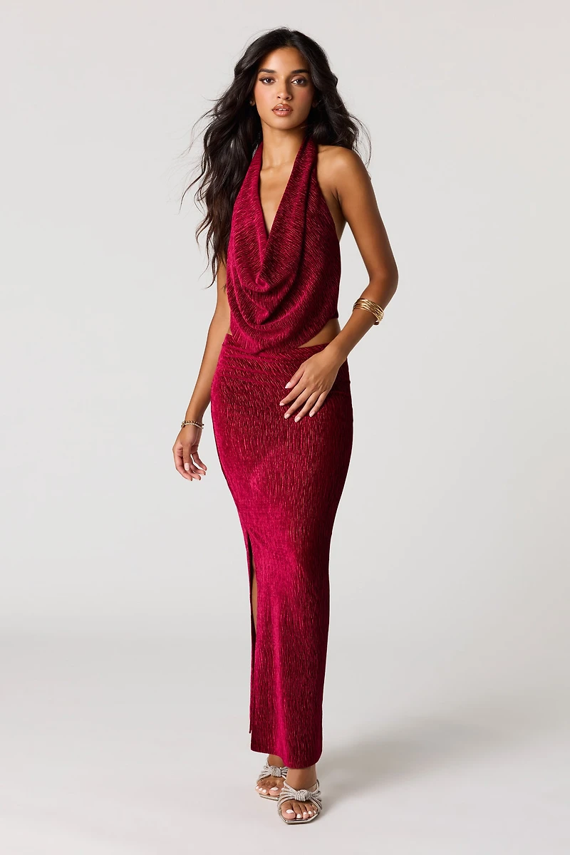 Textured Velvet Ruched Slit Midi Skirt