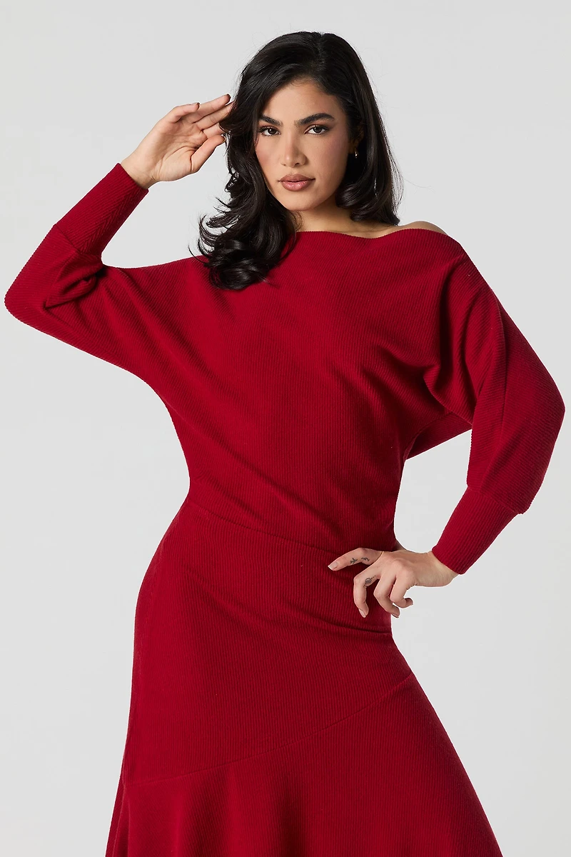 Ribbed Knit Boat Neck Long Sleeve Top